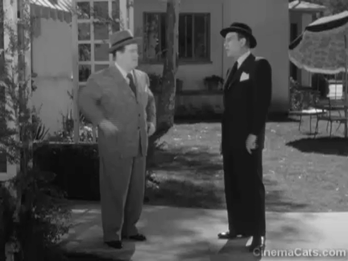 Abbott and Costello Meet the Killer, Boris Karloff - Freddie Lou Costello and Casey Bud Abbott almost hit with flower pot knocked over by tabby and white cat on balcony animated gif