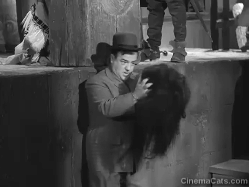 Abbott and Costello Meet Dr. Jeckyll and Mr. Hyde - Tubby Lou Costello throwing Indian wax head onto longhair white cat lying on floor animated gif