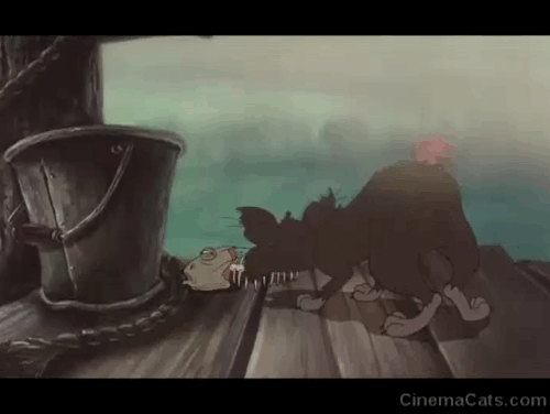 All Dogs Go to Heaven - cartoon cat with no fur on tail dropping fishbone on dock animated gif