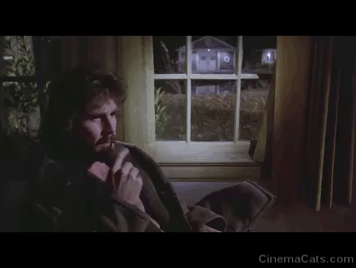 The Amityville Horror - George James Brolin startled by black cat screeching outside window animated gif
