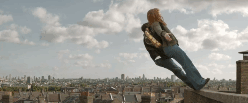 Argylle - silver tabby Scottish fold cat Alfie Chip flying up in air after Elly Bryce Dallas Howard and Aidan Sam Rockwell land on pad animated gif