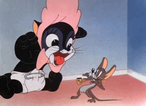 Baby Bottleneck - playful cartoon black and white kitten pawing at mouse father animated gif