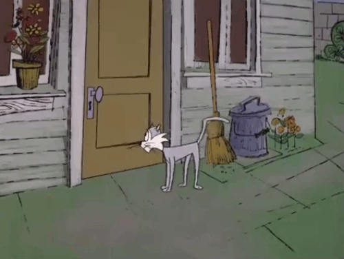 Le Ball and Chain Gang - cartoon grey and white cat outside door being given bowl of food as The Inspector watches animated gif
