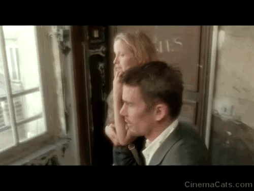 Before Sunset - tabby cat held by Celine Julie Delpy with Jesse Ethan Hawke walking up stairs animated gif