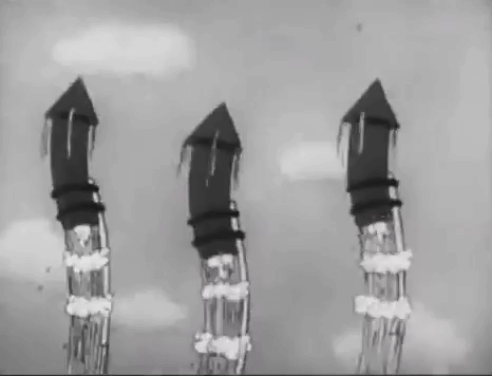 Betty Boop's Crazy Inventions - three black cats emerging from rockets then falling with parachutes that read Big Invention Show animated gif
