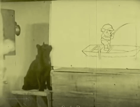 Bobby Bumps Fresh Fish - black cat running away with cartoon fish after Bobby and Fido's boat gets knocked over animated gif