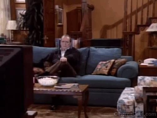 Bob - P.C. or Not P.C. - cat Otto runs down stairs on jumps onto couch with Bob Newhart animated gif