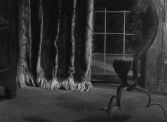 Bulldog Drummond's Secret Police - animated gif of tabby cat running out from behind curtains