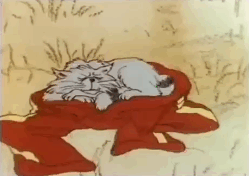 Carlton Your Doorman - cartoon cat Ringo sleeping on pants put on by Carlton then sticking head out fly animated gif