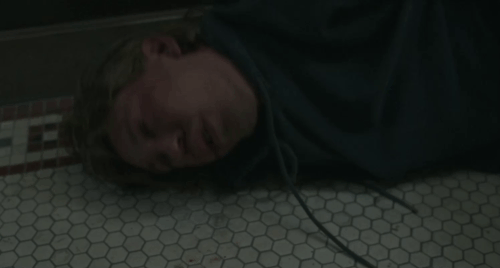 Caught Stealing - longhair tabby cat Bud Tonic looking concerned over beat up Hank Austin Butler animated gif