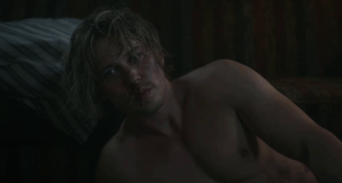 Caught Stealing - Hank Austin Butler watches longhair brown tabby cat Bud Tonic limping out of hiding place animated gif