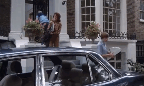 The Chain - Rosemary Charlotte Long carrying wicker basket holding longhair white cat Lady Diana to cat opposite Judy Parfitt animated gif
