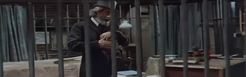 Cosi Sia - Professor Dante Maggio placing reluctant brown tabby cat Socrates in small wooden cage animated gif
