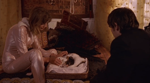 CQ - Valentine Dragonfly Angela Lindvall and Paul Jeremy Davies sitting with calico cat and kittens animated gif
