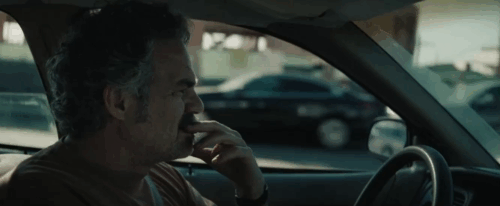 Crime 101 - gray tabby cat in file box in car with Lou Mark Ruffalo animated gif