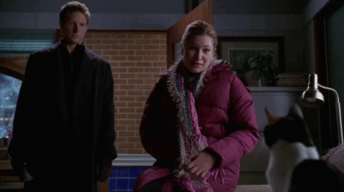 Crossing Jordan - Blue Moon - Seeley David Monahan with Lily Kathryn Hahn singing to tuxedo cat on couch animated gif
