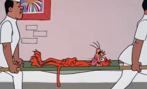 Daffy Rents - cartoon ginger tabby cat going crazy being carried on stretcher by two men animated gif