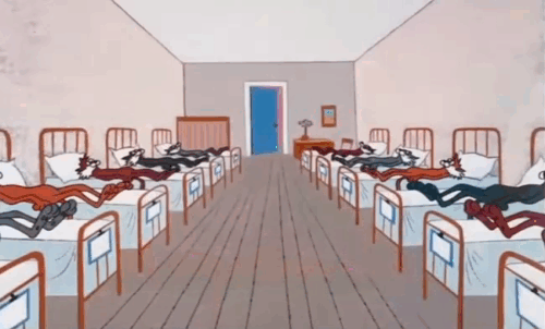Daffy Rents - cartoon cats shaking in hospital beds then shooting up to ceiling when Speedy Gonzales runs through animated gif