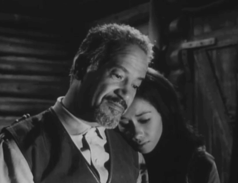 Daniel Boone - Daughter of the Devil - Marcel Bouvier Frank Silvera and Marie Pilar Seurat startled by longhair black cat in windowsill pawing at curtain animated gif