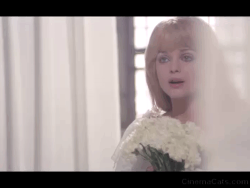 Death Smiles on a Murderer - Greta Ewa Aulin throwing bouquet which changes into cat and attacks her brother Franz Luciano Rossi animated gif
