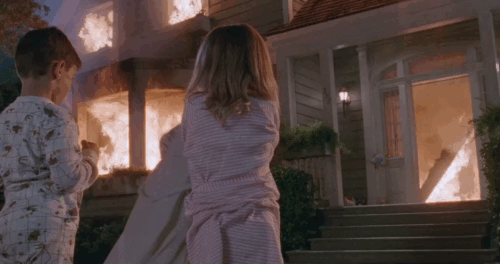 Defending Your Life - Julia Meryl Streep carrying longhair gray and white Persian tabby cat from burning building to children animated gif