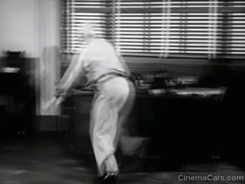 Dick Tracy Meets Gruesome - tabby cat being chased around bank room by janitor animated gif