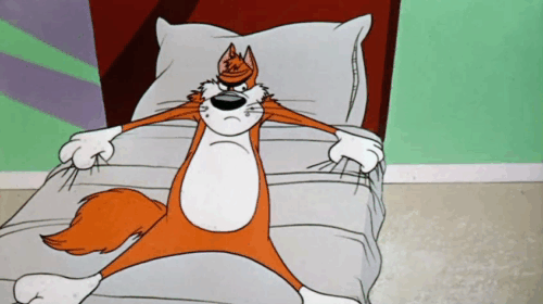 Dime to Retire - Porky Pig jumping on board under ginger and white cartoon cat hanging onto bed and flying up to ceiling animated gif