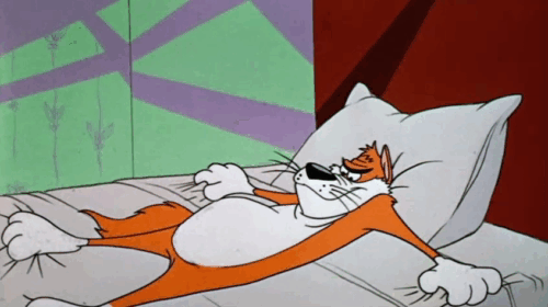 Dime to Retire - ginger and white cartoon cat hanging onto bed scared by bulldog and running from room past Daffy Duck and Porky Pig animated gif