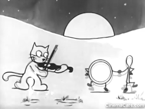 Dinky Doodle's Bedtime Story - cartoon cat playing fiddle with plate and spoon dancing animated gif