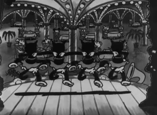 Dizzy Dishes - four black cats in a chorus line animated gif