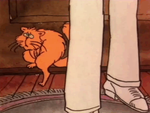 Down and Dirty Duck - cartoon ginger cat Daisy having to go to the bathroom and running out door past Willard with landlady animated gif