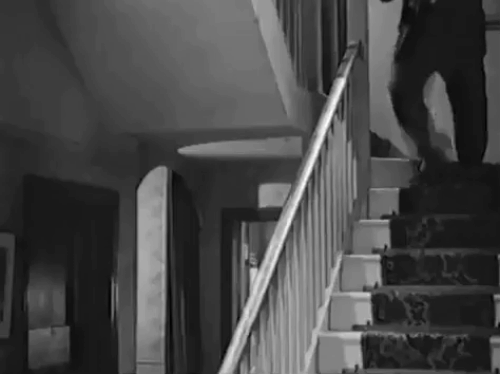 The Embezzler - Henry Charles Victor on stairs with tuxedo cat animated gif