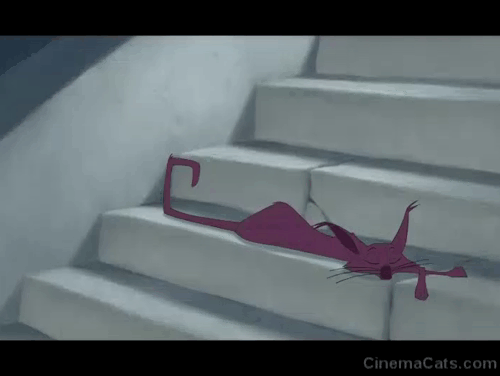 The Emperor's New Groove - cartoon cat being stepped on by Kronk and falling down stairs animated gif