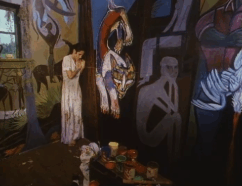 The Enchanted - calico kitten approaching Twyla Casey Blanton who cowers in corner animated gif