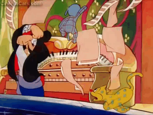 The Enchanted Square - yellow cat with blue spots fighting with plaid dog on pipe organ animated gif