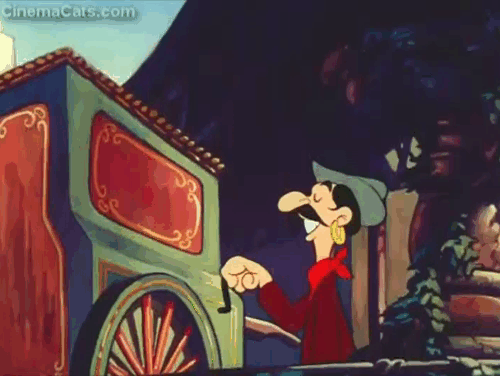 The Enchanted Square - orange cartoon cat with cream markings jumping up on top of organ grinder's head to escape dog animated gif