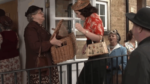 Father Brown - The Theatre of the Invisible - black kitten held by Bunty Emer Kenny with Mrs. Rudge Lynda Baron and Mrs. McCarthy Sorcha Cusack animated gif