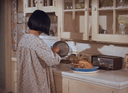 The F.B.I. - Blood Verdict - brown tabby cat startling Anita Pilar Seurat by jumping on counter with chicken animated gif