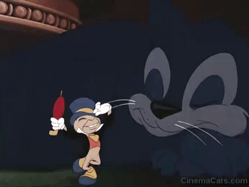 Fun & Fancy Free - Jiminy Cricket pokes sleeping black cat in nose with umbrella animated gif