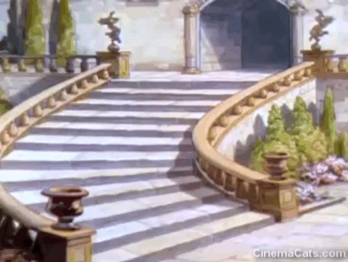 The Golden Touch - black cat being chased by King Midas down steps of castle animated gif