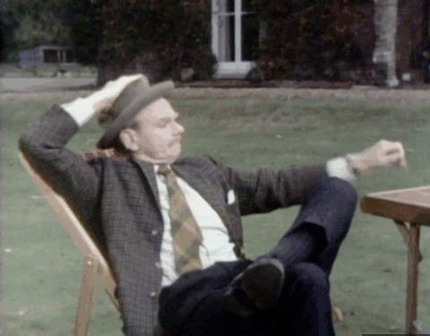 The Goodies - Women's Lib - Charles Allan Cuthbertson in lawn chair with tuxedo cat walking in background animated gif
