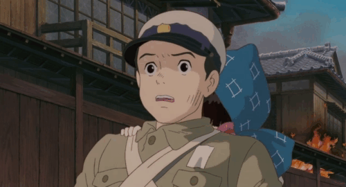 Grave of the Fireflies - Seita watching cartoon calico cat running away from burning building animated gif