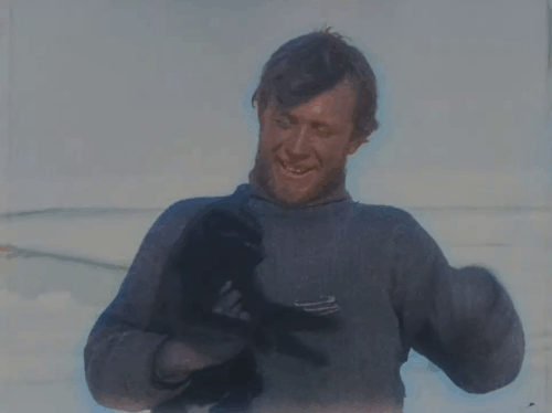 The Great White Silence - black cat roughhousing in arms of sailor Lees from Terra Nova animated gif