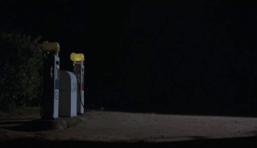 Grievous Bodily Harm - gray cat running away from gas station animated gif