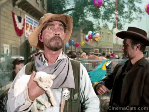 Gunsmoke - A Man Called Smith - Festus Ken Curtin handing dirty white cat to Burke Ted Jordan already holding parrot animated gif