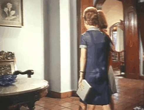 Hasta el viento tiene miedo - Even the Wind is Afraid - longhair gray and white cat hissing and arching back on chair as Claudia Alicia Bonet and Lucia Maricruz Olivier approach animated gif