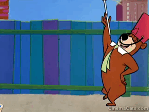 Hey There, It's Yogi Bear - alley cats march behind Yogi and Boo Boo in makeshift parade animated gif