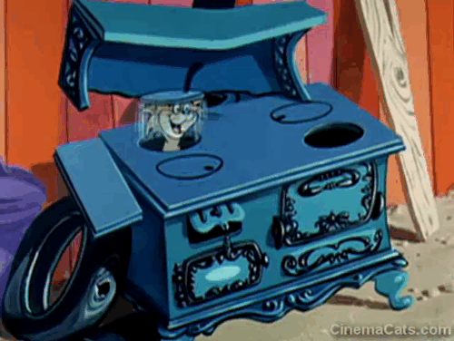 Hey There, It's Yogi Bear - alley cats popping out of old stove animated gif