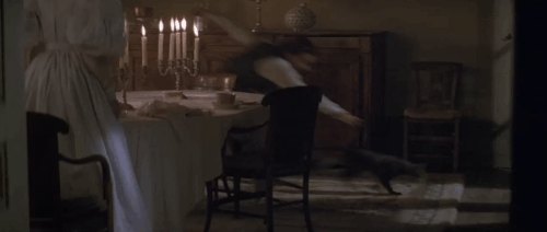 Le Hussard sur le Toit - The Horseman on the Roof - Pauline Juliette Binoche watching as brown tabby cat is caught by Angelo Olivier Martinez and tossed out door animated gif