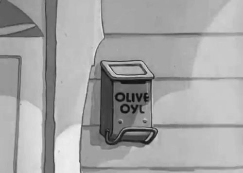 The House Builder-Uppers - Olive Oyl with black cat, parrot and mouse crying outside burnt house animated gif
